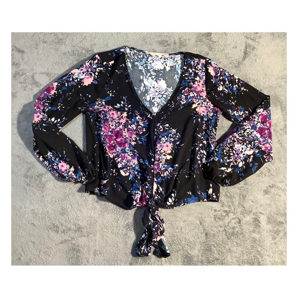 Lovestitch Floral Tie Front Crop Top Blouse Women's Size M Long Balloon Sleeve